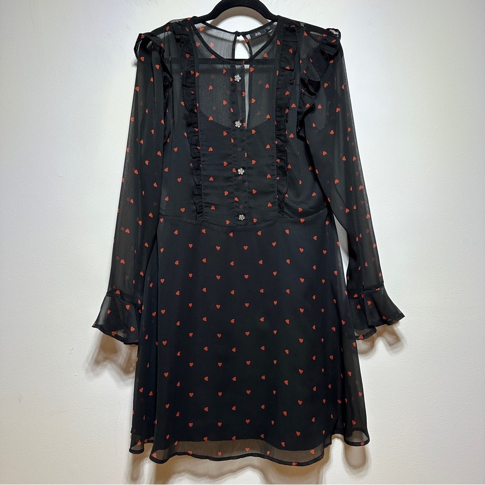 RIVER ISLAND Heart Print Sheer Mesh Dress Black Red Ruffle Mini Size M